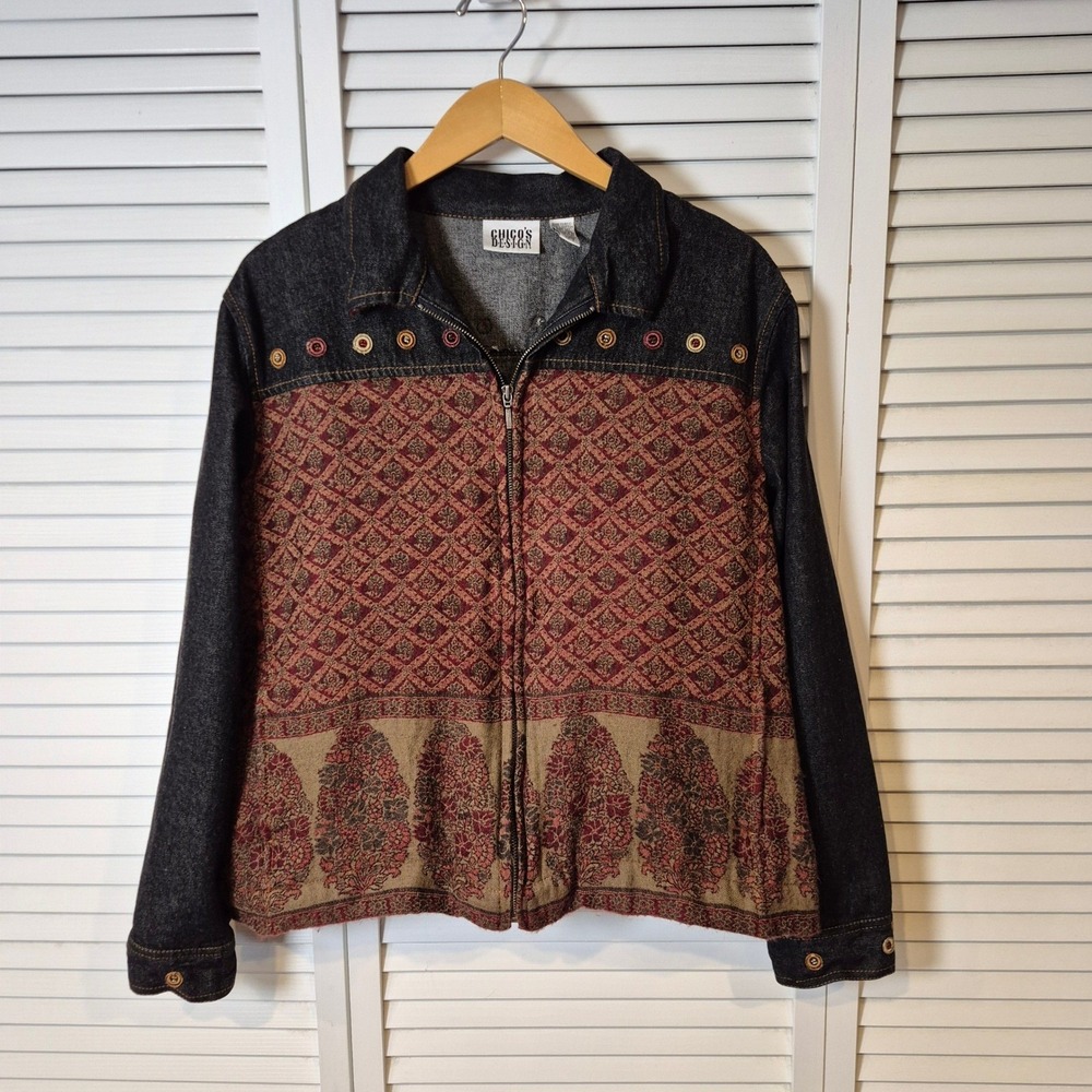 Chico's Design Jacket Sz 2 Zip Front Boho‎ Southwestern Tapestry Knit Denim Jean